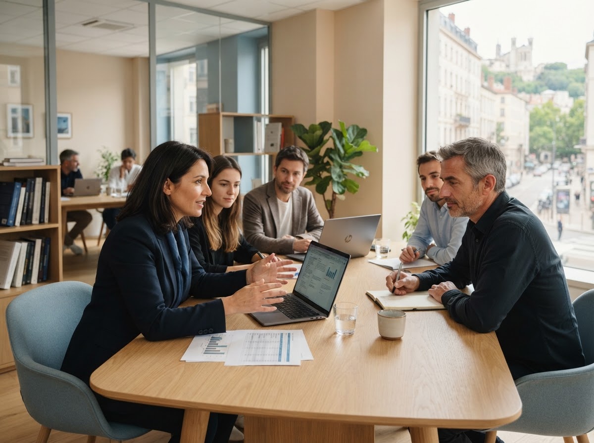 Clair Valorance - équipe analysant des données financières sur un espace de travail professionnel